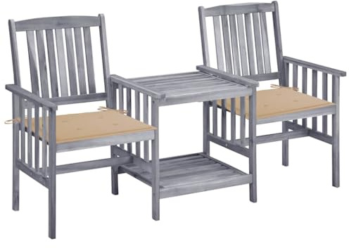 Ordellia Gartenstuhl Set Akazie Massivholz, Grau, mit Teetisch und beigen Kissen, 159x61x92 cm, für Balkon und Terrasse
