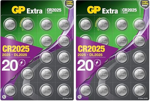 GP CR2025 3V Lithium Coin Cell Batteries 40 Pack - Flat Battery for Car Key/Key Fob Audi Mercedes Nissan - DL2025 2025 Batteries also suitable for scales/toys/heartrate monitor etc