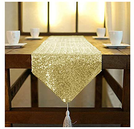 ShinyBeauty Tischläufer mit Quaste schimmerndes 30 x 180 cm mit Glitzer und runden Pailletten Tischläufer für Party Hochzeit Bankett Tischdecke dekorativ (Hell Gold, 30x180cm)