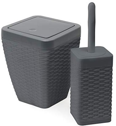 Addis Juego de baño Cuadrado de ratán sintético (Incluye Cubo de basurero y escobilla de Inodoro), Color, Piel plástico y Madera, Gris Oscuro, Bin & Toilet Set