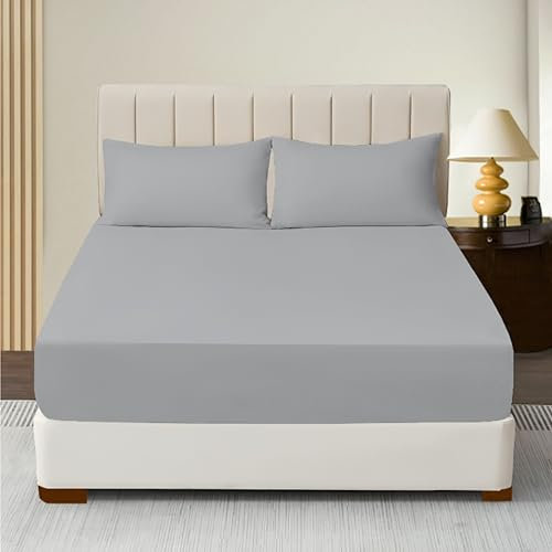 R&Z Extra Deep Polycotton Non Iron Fitted Sheet Easy Care 40cm (Grey/Silver, King)