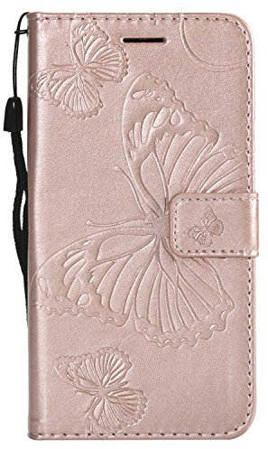 DENDICO Coque pour Galaxy J3 2017, Papillon Imprimé PU en Cuir Coque Magnétique Portefeuille TPU Étui Housse pour Samsung Galaxy J3 2017 - Or Rose