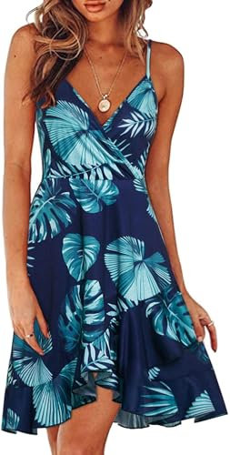 ULTRANICE Women's Summer Floral Wrap V Neck Sundress Adjustable Spaghetti Ruffle Swing Dress(Floral05,M)