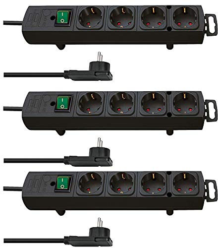 Brennenstuhl Comfort-Line Plus, Steckdosenleiste 4-Fach (mit Flachstecker, Schalter, 2m Kabel und extra breite Abstände der Steckdosen) Farbe: schwarz (4-Fach, 3 Stück)