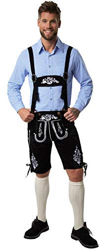 dressforfun 900814 Männer Lederhose mit Träger, Hose in klassischer Trachtenform, schwarz, mit weißen Stickereien (S| Nr. 302830)