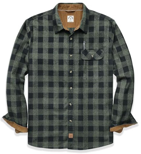 Dubinik® Mens Flannel Shirts Long Sleeve Flannel Shirt for Men Casual Button Down Brushed 100% Cotton Shirt Black Green