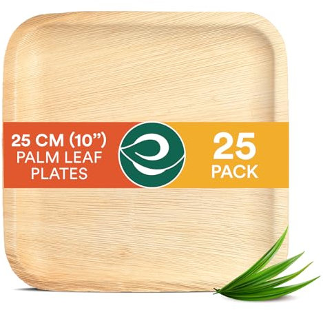 ECO SOUL 25 Disposable Palm Leaf Plates 10”(25cm) Square large Bamboo Plate I Eco Friendly, Biodegradable, Compostable Heavy-Duty Plate, Wooden Plates for Party & Events I Microwave & Oven Safe