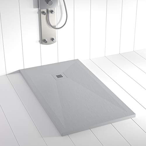 Receveur de douche en résine PLES Gris RAL7035 avec grille couleur 140x100 – Texture ardoise – Antidérapant – Grille et siphon inclus