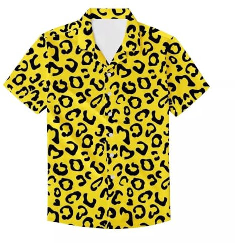 PinUp Angel Funky Hawaiian Shirt Men Short Sleeve Leopard Polka Dots Print Button Down Top Tee, Yellow Leopard, Large