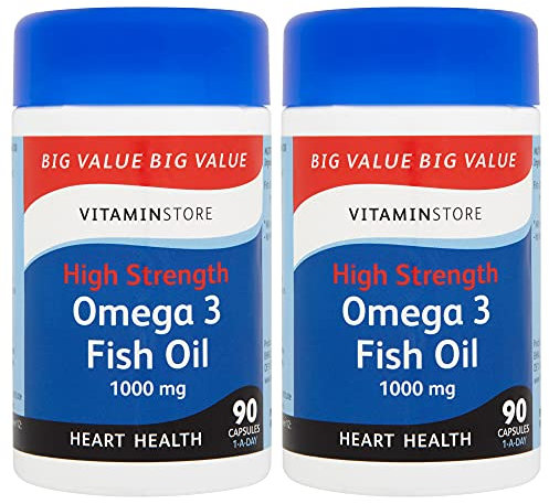 Vitamin Store Omega 3 Fish Oil High Strength 1000mg Food Supplement, 90 Capsules per Tub - Pack of 2 Tubs, 6 Months Supply