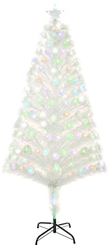 HOMCOM 5 Feet Prelit Artificial Christmas Tree with Fiber Optic LED Light, Holiday Home Xmas Decoration, White