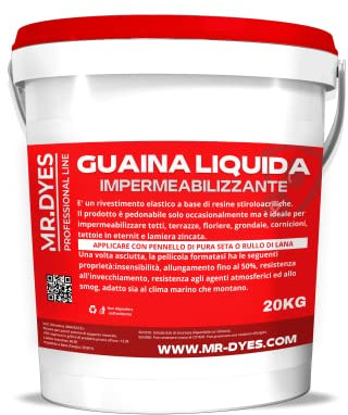 MR.DYES - Guaina Liquida Impermeabilizzante - Membrana Monocomponente Multisupporto, Vari Colori e Formati, Gomma Liquida per Tetti e Terrazzi. (20 KG, ROSSO)