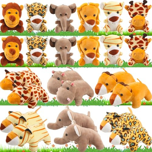 Haconba 24 Pieces Mini Safari Stuffed Animals Toys Small Jungle Plush Animal Toy Set for Safari Jungle Zoo Themed Parties Baby Shower Birthday Children's Day Gift