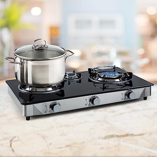 Klarstein Encimera Cocina de Gas Portatil 3 Quemadores de Fuego, Placa de 8.4KW con Wok de Acero Inoxidable, para Camping