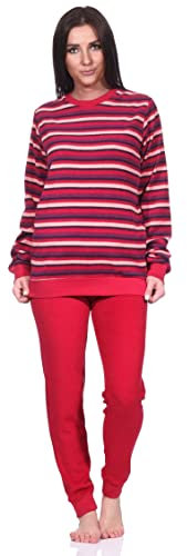 Normann Damen Frottee Schlafanzug lang, Pyjama mit Bündchen in toller Streifen-Optik, Farbe:rot, Größe:48-50