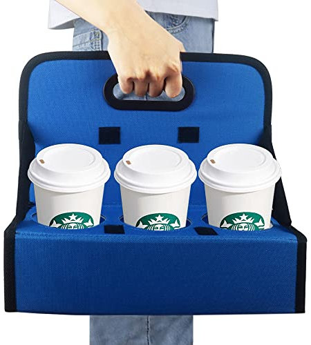 Boczif Cup Caddy Portable Drink Carrier or Cans Reusable, 6-Cup Holder with Handle, Folds Flat, Carry Coffee, Wine, Cocktails, Safely Secures Hot and Cold Beverages- for Delivery and Take Out (blue)