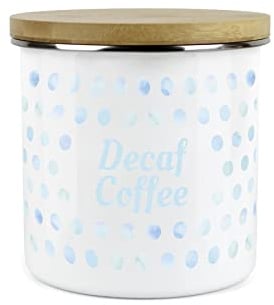 Purely Home Aqua Polka Dots Spots Decaf Coffee Canister - White Metal Enamel Kitchen Food Storage Container