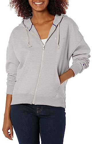 Champion Damen-Sweatshirt mit Reißverschluss, Powerblend, Kapuzen-Sweatshirt mit Reißverschluss (Plus, Oxford Gray C Logo, S