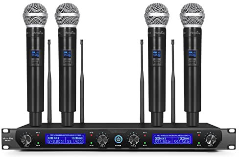 MicrocKing Wireless Microphone System, with 4 Handheld Mics, Metal Build, Fixed Frequency, Long Range 400ft, Ideal for Party/Wedding/Church/Conference/Speech
