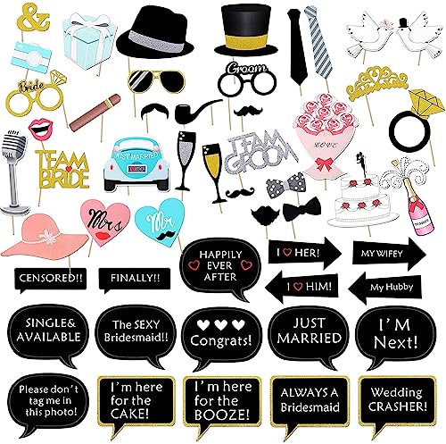 EUDUQ 52 Stück Fotobox Accessoires Hochzeit,Foto Requisiten Hochzeit Foto Booth Props Fotoautomat Requisiten Mode Fotoboxzubehör für Wedding JGA Partydeko Geburtstag
