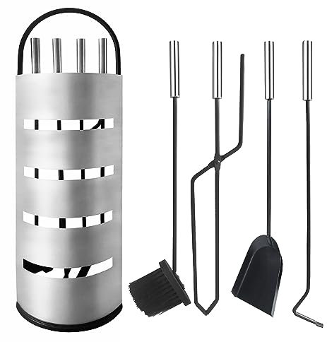 SUBTLETY Kaminbesteck 5 Teilige Modern Kamingarnitur Edelstahl Kaminset Kaminofen Zubehör Ofenbesteck Kaminreinigungsset mit Ständer, AscheSchaufel, Besen, Schürhaken, Zange (Silber)