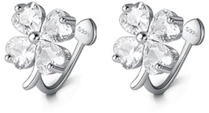 Reffeer Ohrclips aus massivem 925er-Sterlingsilber mit kubischen Zirkonia und Blumen-Clip-On-Ohrmanschetten für Frauen, Blumenklee-Manschettenohrringe, nicht durchdringend (A-Silber)