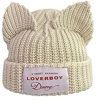 VPTMRP Niedliche Katzenohren-Mütze Cat Ear Beanie Strickmütze Warme Slouchy Häkelmütze (Beige)