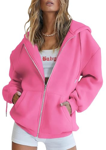 Timuspo Sweat-shirt à capuche, coupe ample, long avec fermeture Éclair, pour automne et hiver, pour femme, Couleur : rose., XL
