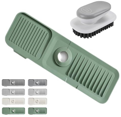Splendiday Silicone Draining Mat, Silicone Draining Mat for Kitchen Sink, Faucet Handle Drip Catcher Tray, Sink Splash Guard Mat with Cleaning Brush, Kitchen Gadgets (Green,L(45 * 14cm))