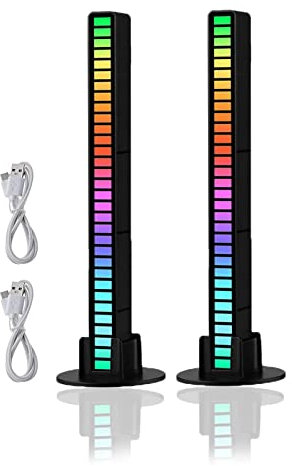 2Pcs Wireless Sound Activated RGB Light Bar, Rechargeable 16/32 Bit LED Sound Control Pickup Rhythm Lights for Room, Gaming, Car (Black-32 LED)