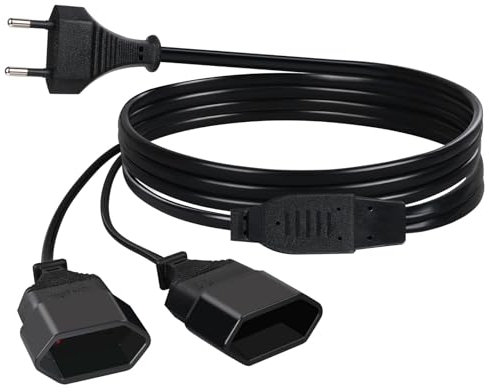 AXFEE Cavo di Prolunga 250V 2m, Maschio a Femmina 1 a 2, Cavo di Alimentazione, Spina Europea, Nero, Q1-3900693
