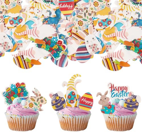 Gyufise 70 Pack Edible Happy Easter Bunny Cupcake Toppers - Easter Cake Decorations for Birthday Party, Baby Shower, Wedding