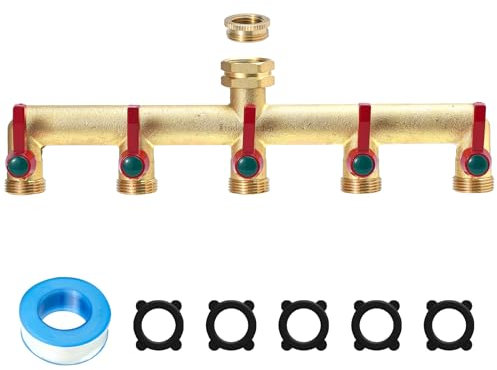 Wisdomgarden Distributeur 5 voies,Vanne à 5 voies d'eau pour robinet avec filetage de 3/4Pouce,Poignée allongée Facilité d'utilisation,laiton très résistant robuste et durable,avec 1/2Pouce adaptateur