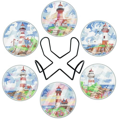 Lot de 6 sous-verres de peinture diamant avec support, dessous de verre diamant mandala 5D avec film de protection, Diamond Painting Adulte Type Sous-verres pour décoration de la maison (Phare-07)