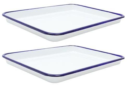 IMIKEYA 2Pcs Enamel Baking Pan Blue Rim White Enamel Baking Cookie Sheets Jellys Rolls Pan Enamel Baking Roasting Pan Bread Pan Rectangular Serving Tray for Kitchen 26x18cm