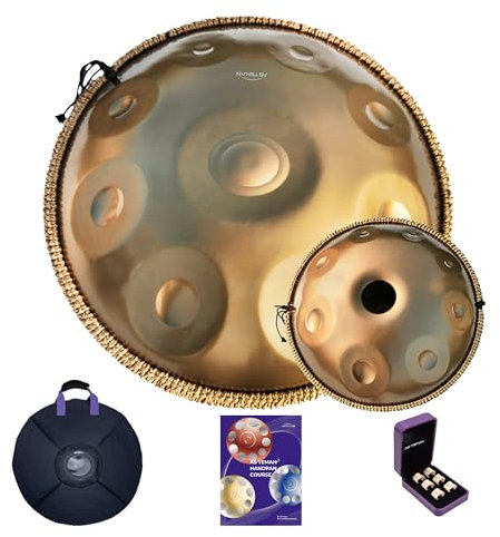 ASTEMAN D-Moll Handpan, 22 Zoll, mit 17 Noten, inklusive Rucksack, Kurs, Fingerpicks, Ständer, Reinigungstuch und zwei Schlägel. (Gold Colour, 432hz)