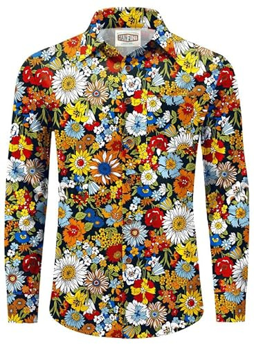 Mainfini Men's 70s Hippie Floral Dress Shirt Paisley Printed Button Shirts | 70s Outfits for Men,Allover Print,Smooth Drape,4-Way Stretch,Wrinkle-Free,Daily Wear,Retro,Theme Party,Halloween,Disco Night