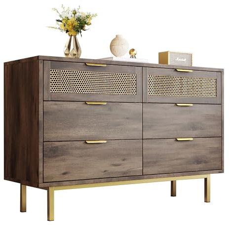 ModernLuxe Sideboard Storage Cabinet with 6 Drawers, Metal Lattice Decoration, Living Room Cabinets with Metal Handles, Vintage Wood Grain Chest of Drawers, Dark Brown, 120x40x76cm