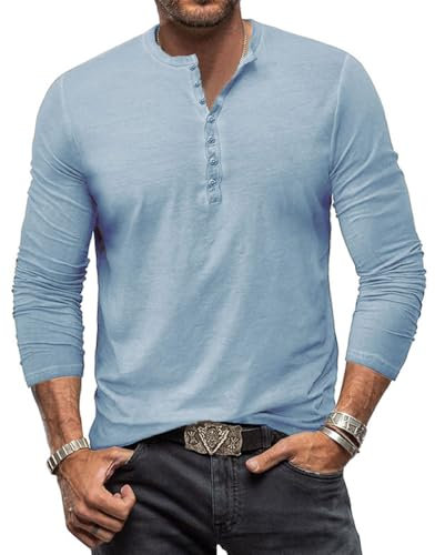 YawYews Mens Long Sleeve Tops Henley T Shirt for Men Cotton Casual Grandad Vintage T Shirts Tee with Buttons Blue M