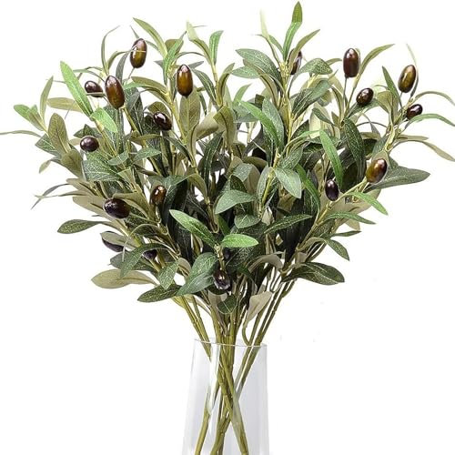 RXMORI Lot de 5 Branches D'olivier Artificielles avec Olives,Fausses Tiges D'olivier,Fausses Plantes,Tiges de Verdure,Feuilles D'olivier,Branche D'olivier de 46 Cm pour la Décor