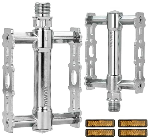 Thinvik Bike Pedals of 9/16 Inch - Retro Silver Bicycle Flat Pedals with Reflectors - Lightweight Aluminum Alloy Platform Pedals with 2DU Sealed Bearings for Mountain, BMX, and Road Bikes