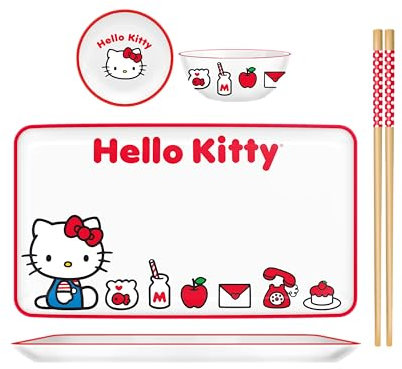 Silver Buffalo Sanrio Hello Kitty Keramik-Sushi-Set mit Dip-Soßenschale und passenden Essstäbchen