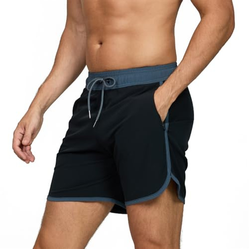 EDOTON Shorts de Bain Homme Maillot de Bain pour Homme Short de Plage à Séchage Rapide avec Réglable et Poches Surf Short uni Imprimé (Noir,EU S)