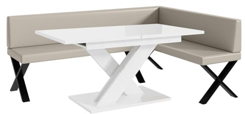 MEBLINI Eckbank für Esszimmer mit ausziehbarem Tisch - Küchenbank - Essecke - Sitzecke Küche - Toni - X-Beine 142x196x87cm Rechts - Beige Kunstleder/B Weiß Hochgl.