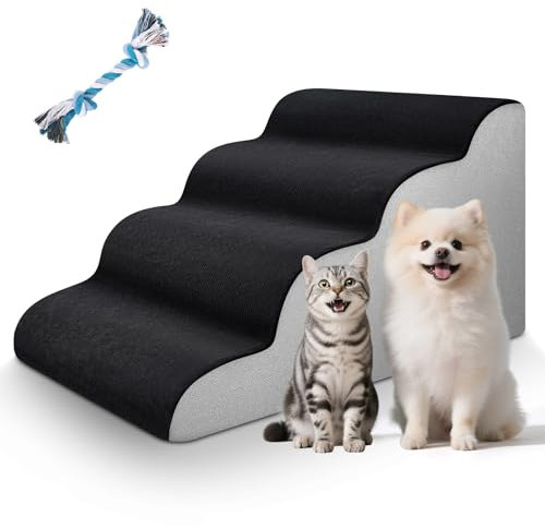 JUOIFIP Scaletta per Cani 4 Gradini in Spugna, Scaletta per cani di Piccola Taglia per Letto, Rampa per gatti Anziani, Rampa per Cani e Gatti con Copertura Rimovibile e Lavabile