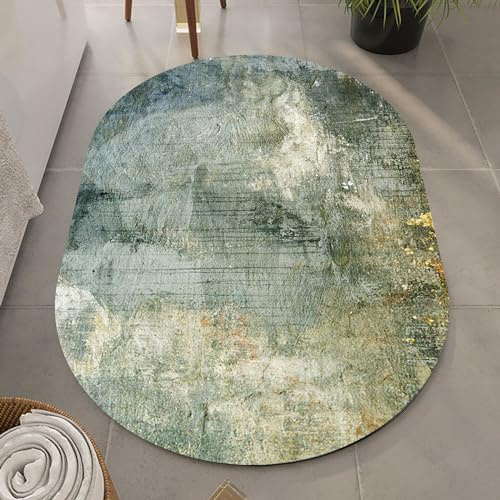 Pmnadfdag Teppich Oval Wohnzimmer 70 x 200 cm Weicher Kurzflor,Anti Rutsch Waschbar,für Schlafzimmer Esszimmer küche Moderner Tintenstil Grün