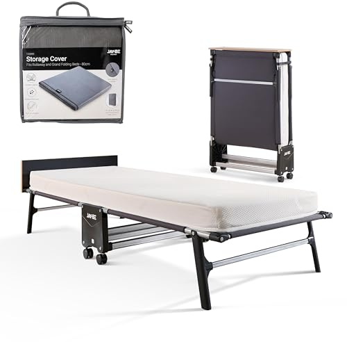 JAY-BE Rollaway Folding Bed, Memory Mattress & Storage Cover, Single | Memory Fibre Mattress, Rollaway Guest Bed, Portable 360° Castors, Anti-Tip Legs, Wood Headboard