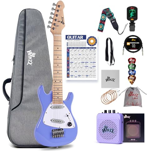 Winzz 30-Zoll-E-Gitarren-Einsteiger-Set für Kinder, Junior-E-Gitarre in 1/4-Größe für Kinder, komplettes Starter-Set mit Verstärker, Glänzende Violette Farbe