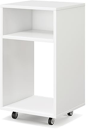FANTASK Druckertisch mit Rollen, mobiler Rollcontainer mit 2 offenen Regalen, kompakter Druckerständer aus Holz, vielseitiger Aktenwagen für Büro & Zuhause, 33 x 30 x 58 cm, Weiß