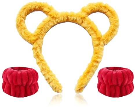 Bären Ohren Haarreif,Bärchen Ohren Bär Kostüm Damen Accessoires,Karneval Gelbes Cartoon Flauschige Bärenohren Stirnband und Rot Handgelenk Set,für Erwachsene Fasching Cosplay Bärenkostüm Haarbänder